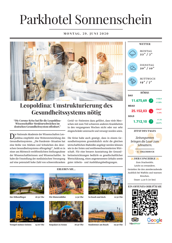 Sample MorningPaper front page for a hotel